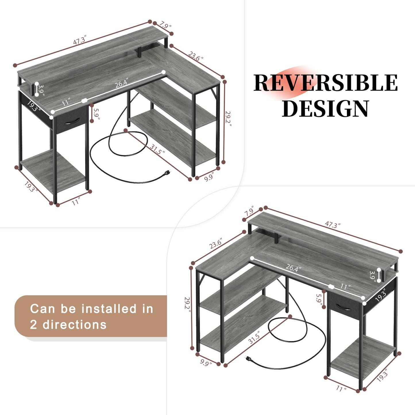 SUPERJARE L Shaped Computer Desk with Power Outlets & LED Strips, Reversible Corner Desk, Gray, 7935HC