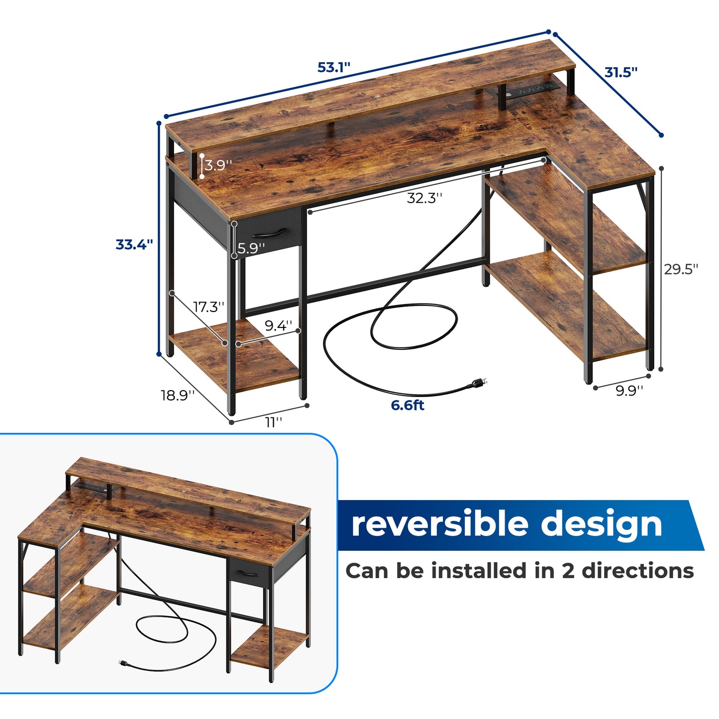 SUPERJARE 53 Inch L Shaped Desk with LED Lights & Power Outlets, Reversible Computer Desk with Shelves & Drawer, Corner Desk Home Office Desk, Rustic Brown