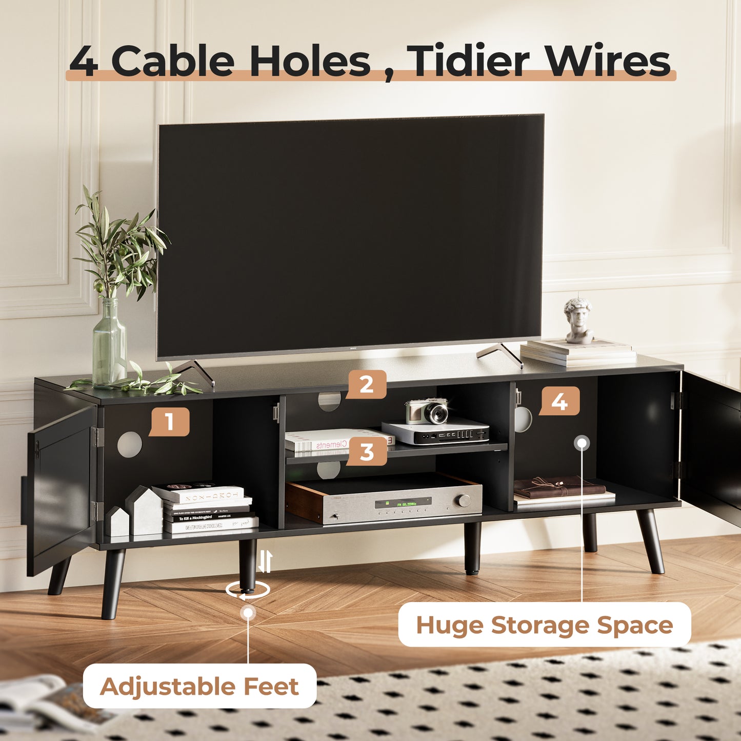 SUPERJARE 55 Inch TV Stand, Entertainment Center with Adjustable Shelf, Rattan TV Console with 2 Cabinets, Media Console, Solid Wood Feet, 4 Cord Holes, for Living Room, Black