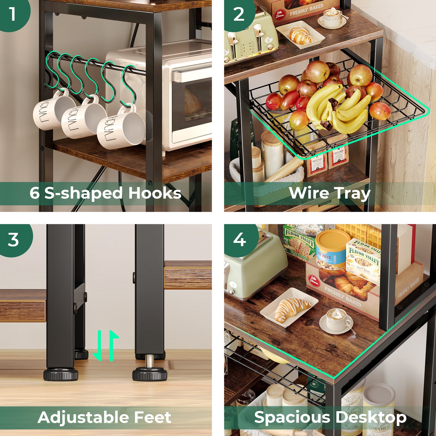 SUPERJARE Bakers Rack with Power Outlet, 47.2 Inches Coffee Bar with 3 Level-Adjustable Open Shelves, Wire Basket, Kitchen Microwave Stand with 6 S-Shaped Hooks, Rustic Brown