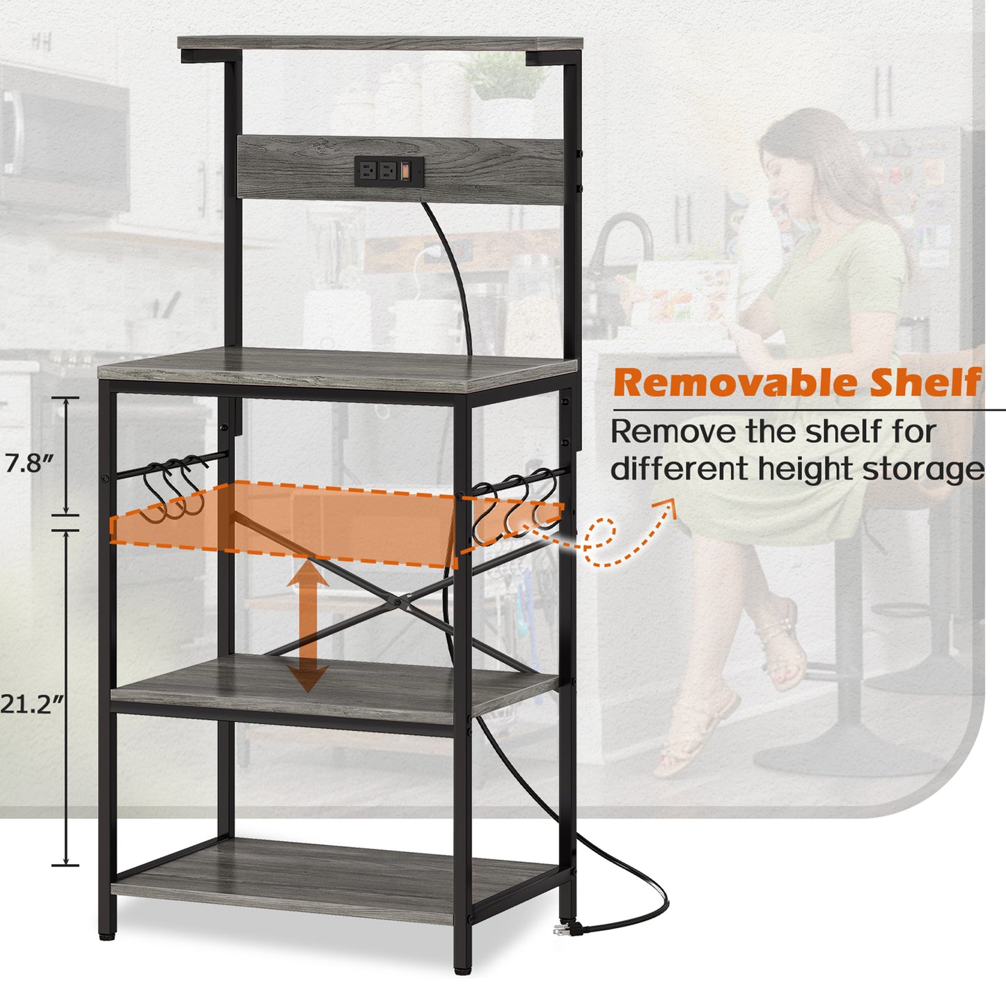 SUPERJARE Kitchen Bakers Rack with Power Outlet, Coffee Bar Table 4 Tiers, 6 S-shaped Hooks, Kitchen Storage Shelf Rack, Gray