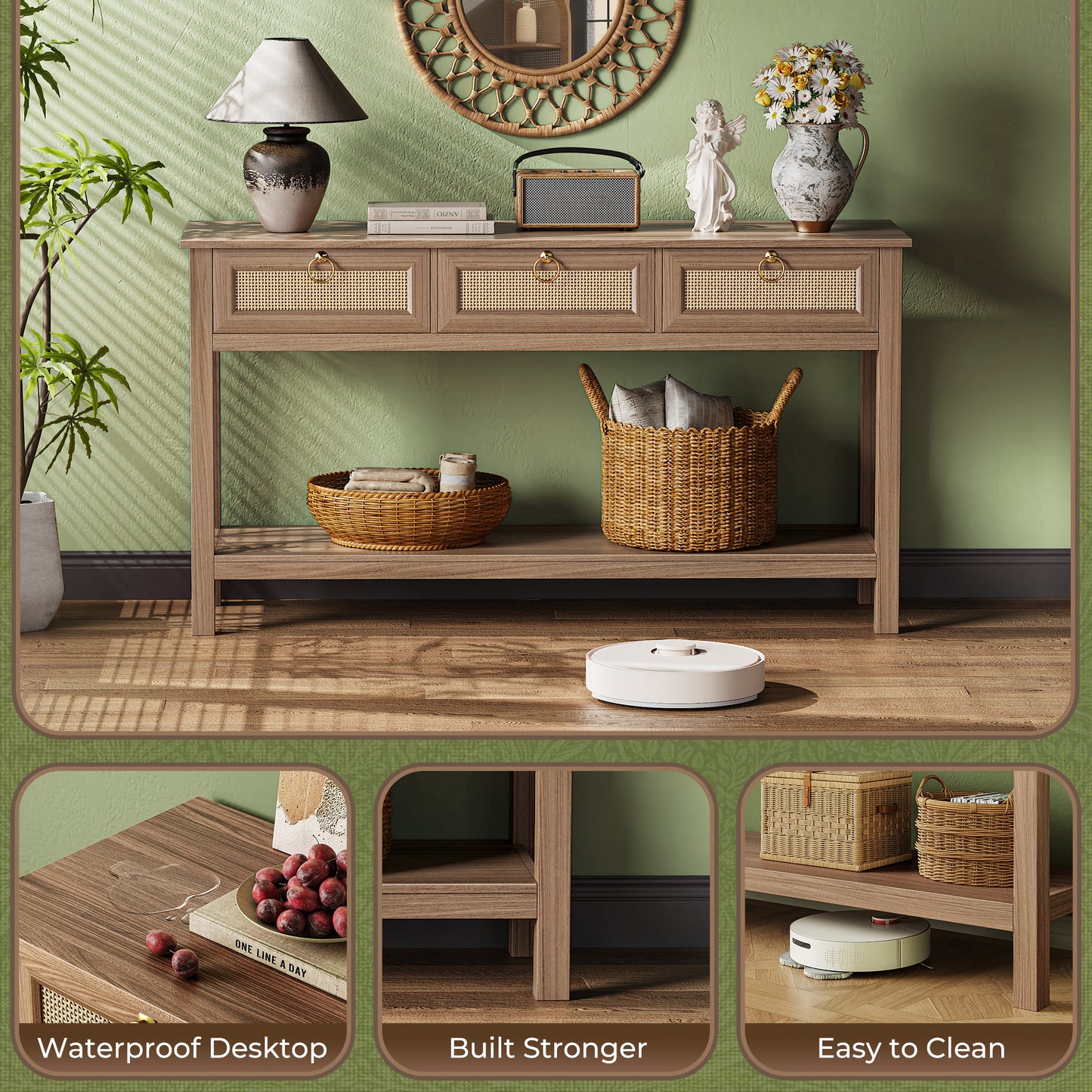SUPERJARE Rattan Console Sofa Table with Outlets and USB-C Port, 3 Drawer Entryway Table with Synthetic Rattan Surface, Open Shelf, Behind Couch Entry Foyer Hallway Storage, Brown