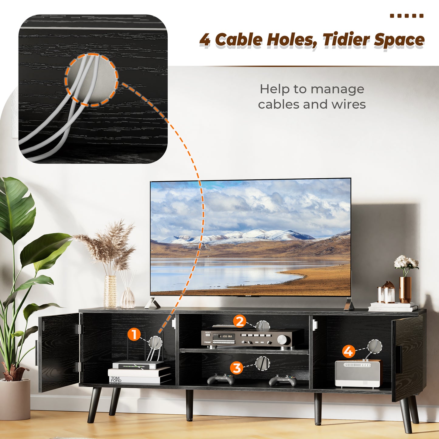 SUPERJARE TV Stand for 55 Inch TV, Entertainment Center with Adjustable Shelf, 2 Cabinets, TV Console Table, Media Console, Solid Wood Feet, Cord Holes, Black