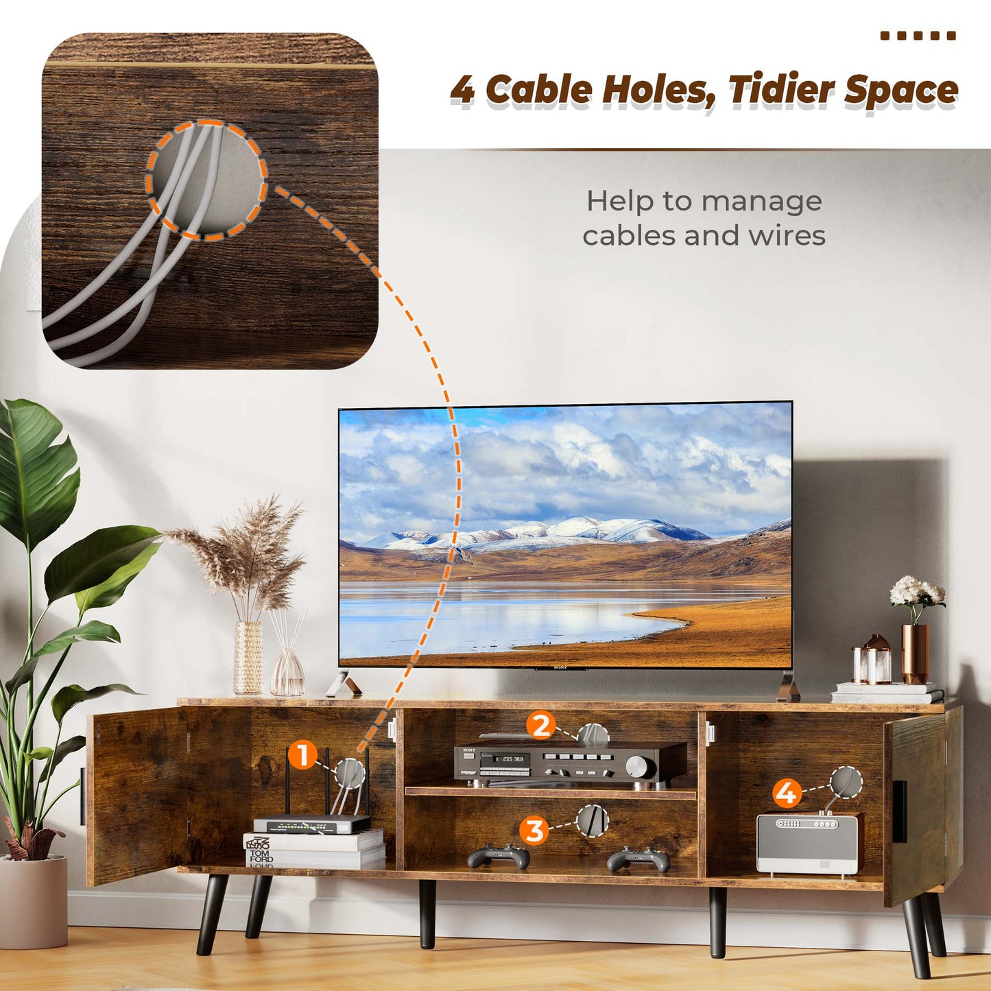 SUPERJARE TV Stand for 55 Inch TV, Entertainment Center with Adjustable Shelf, 2 Cabinets, TV Console Table, Media Console, Solid Wood Feet, Cord Holes, Rustic Brown