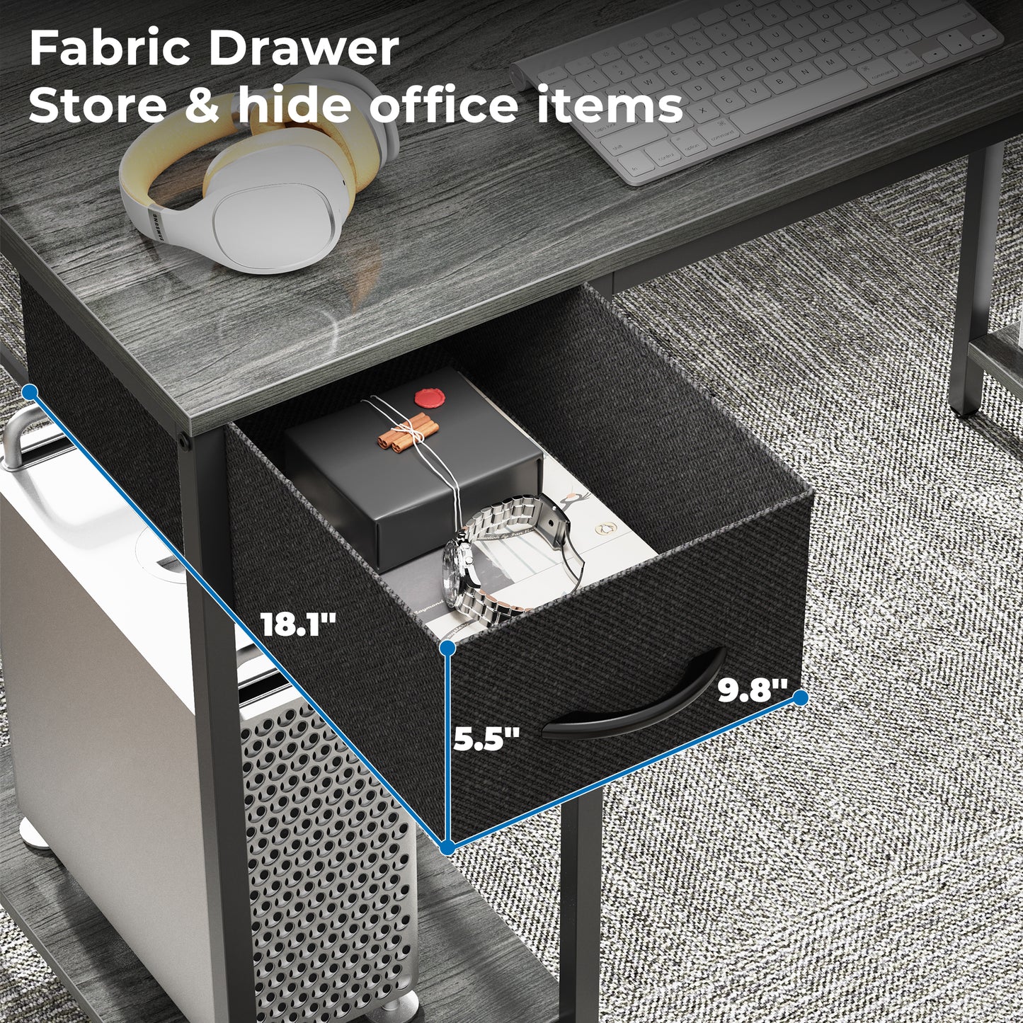 SUPERJARE 53 Inch L Shaped Desk with LED Lights & Power Outlets, Reversible Computer Desk with Shelves & Drawer, Corner Desk Home Office Desk, Grey