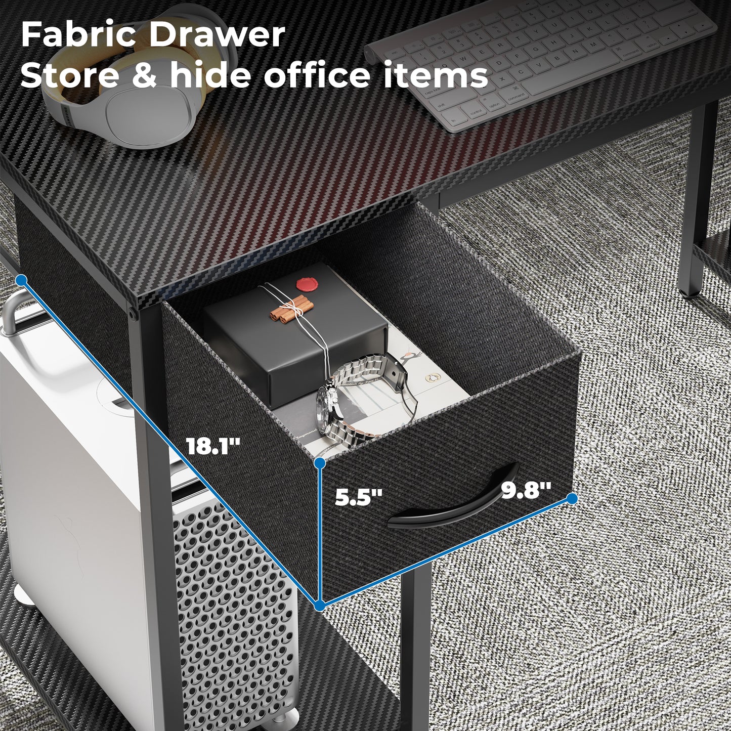 SUPERJARE 53 Inch L Shaped Desk with LED Lights & Power Outlets, Reversible Computer Desk with Shelves & Drawer, Corner Desk Home Office Desk, Carbon Fiber Black