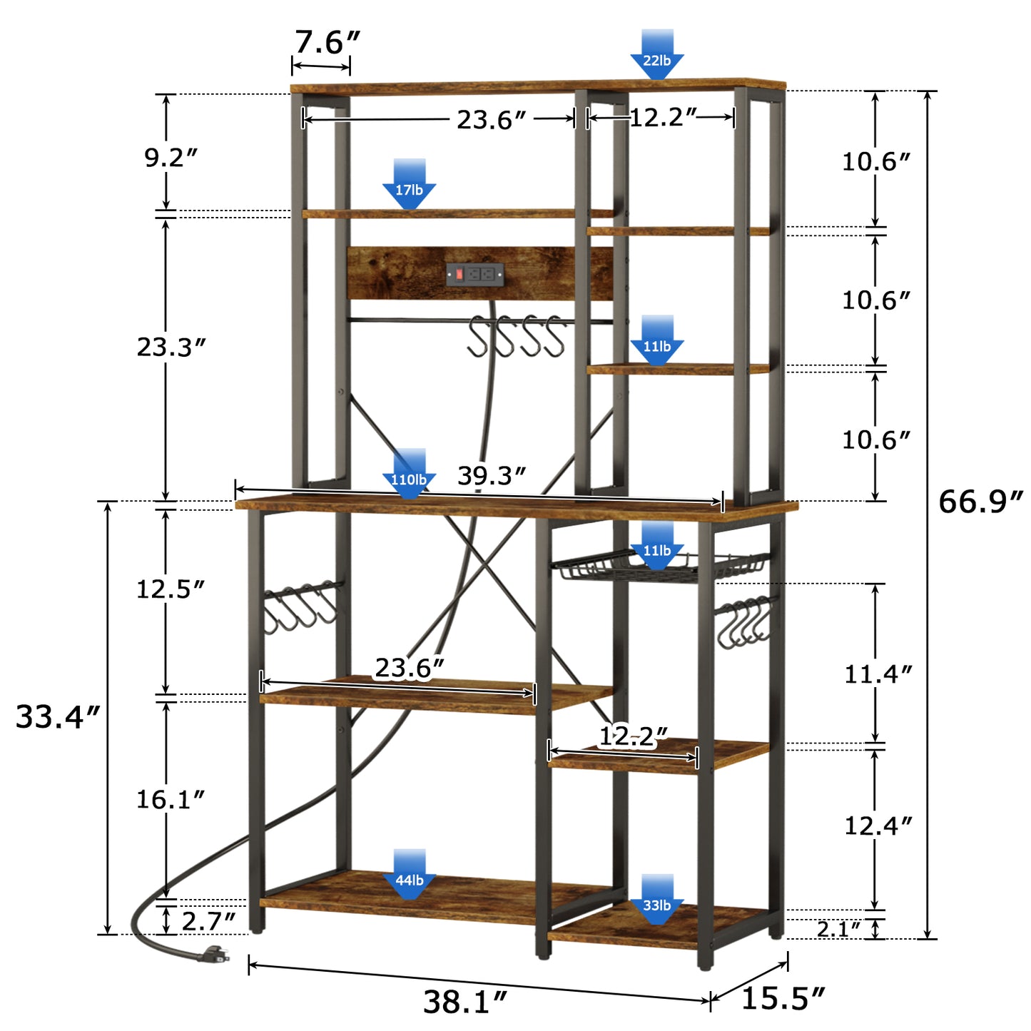 SUPERJARE Large Bakers Rack with Power Outlets, 6-Tier Coffee Bar with 12 S-Shaped Hooks, Wire Basket - Rustic Brown 80923ZC