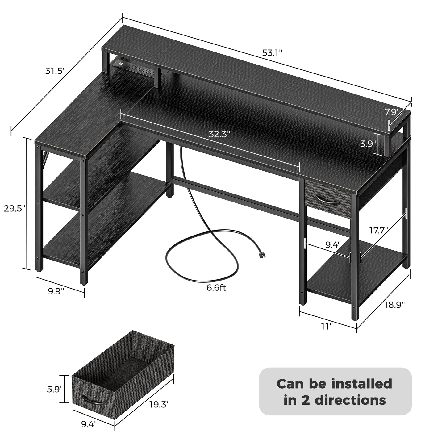 SUPERJARE 53 inch Reversible L Shaped Desk with LED Lights & Power Outlets, Computer Desk with Shelves & Monitor Stand, Gaming Desk with Drawer, Home Office Desk Corner Desk, Black