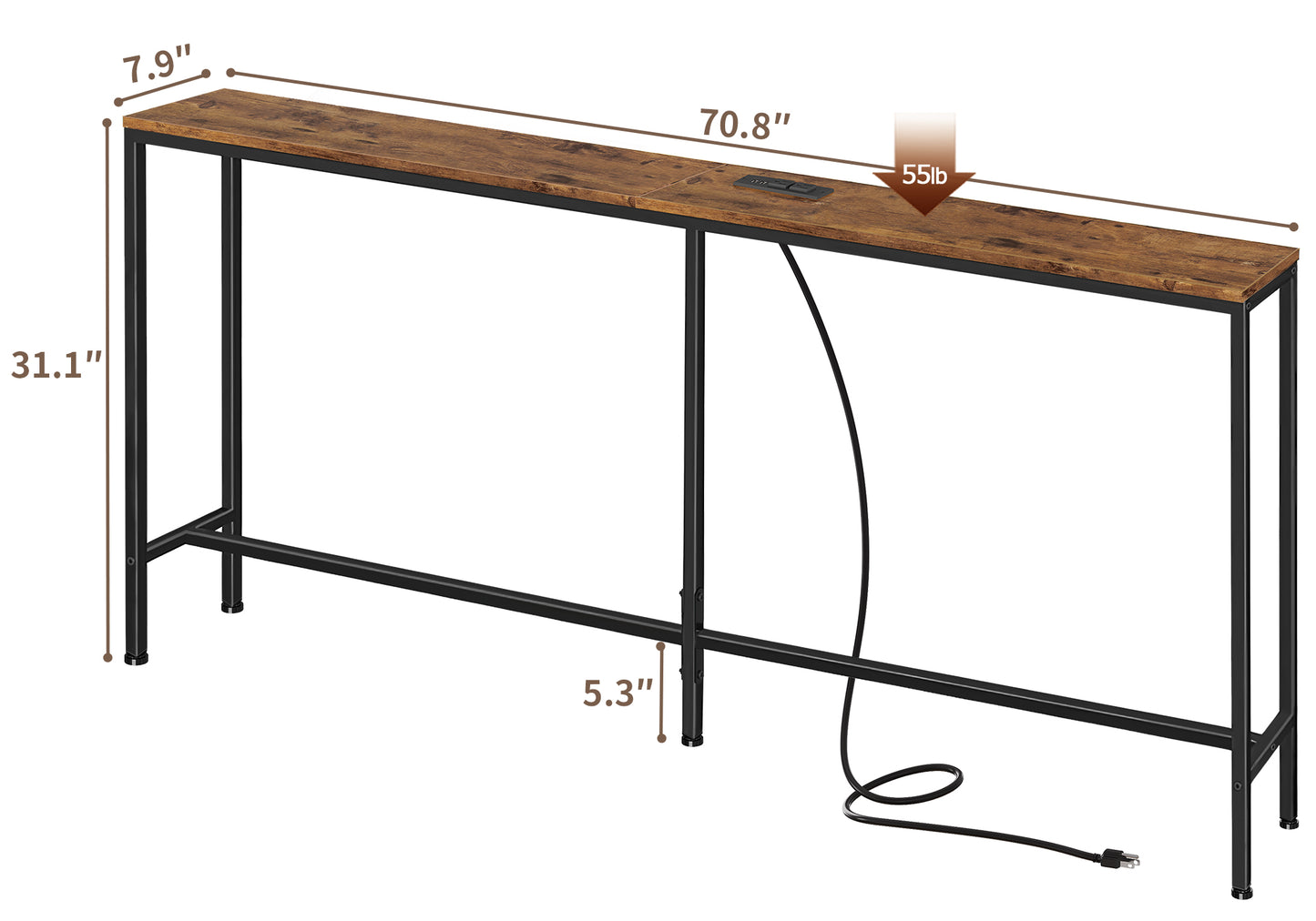 SUPERJARE 70.8 Inch Console Table with Charging Station, Narrow Entryway Table, Vintage Brown, 7942ZC