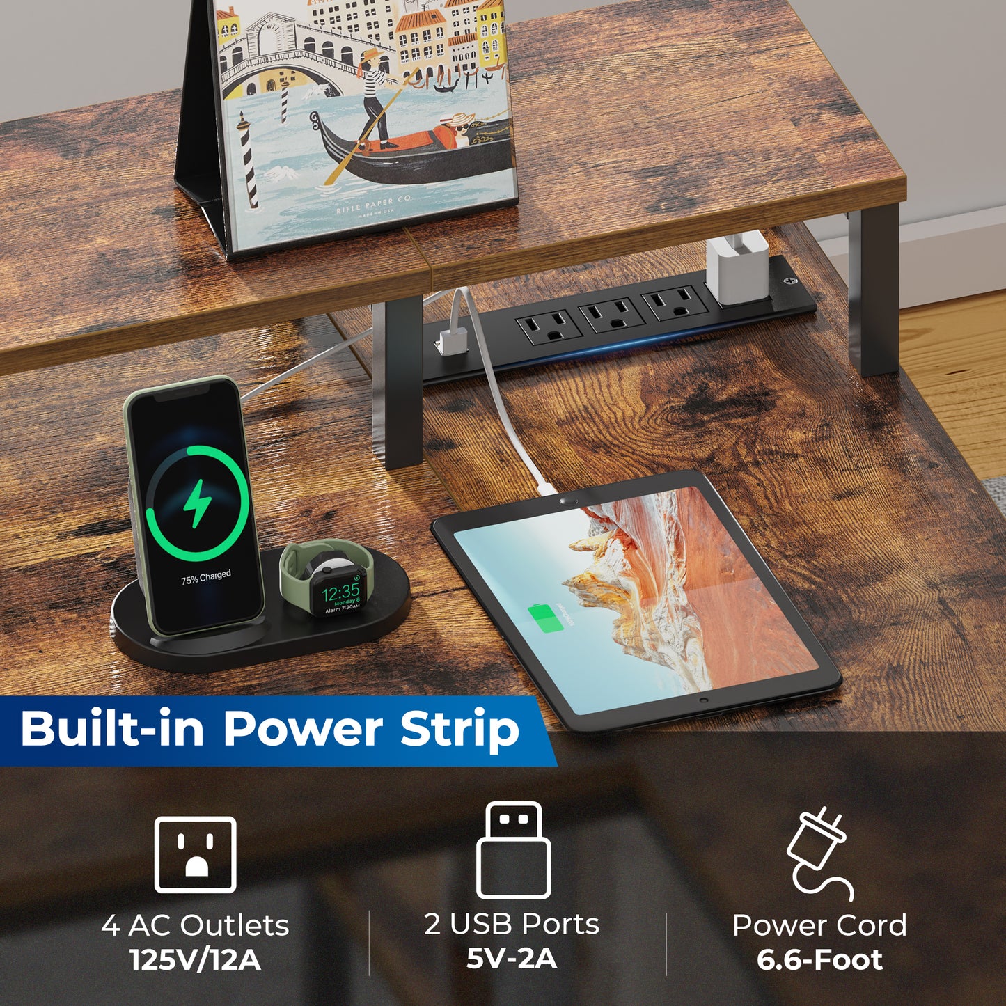 SUPERJARE 53 Inch L Shaped Desk with LED Lights & Power Outlets, Reversible Computer Desk with Shelves & Drawer, Corner Desk Home Office Desk, Rustic Brown