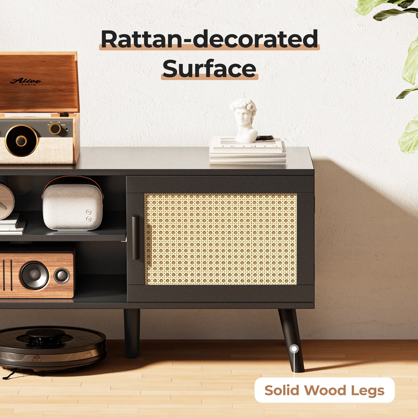 SUPERJARE 55 Inch TV Stand, Entertainment Center with Adjustable Shelf, Rattan TV Console with 2 Cabinets, Media Console, Solid Wood Feet, 4 Cord Holes, for Living Room, Black