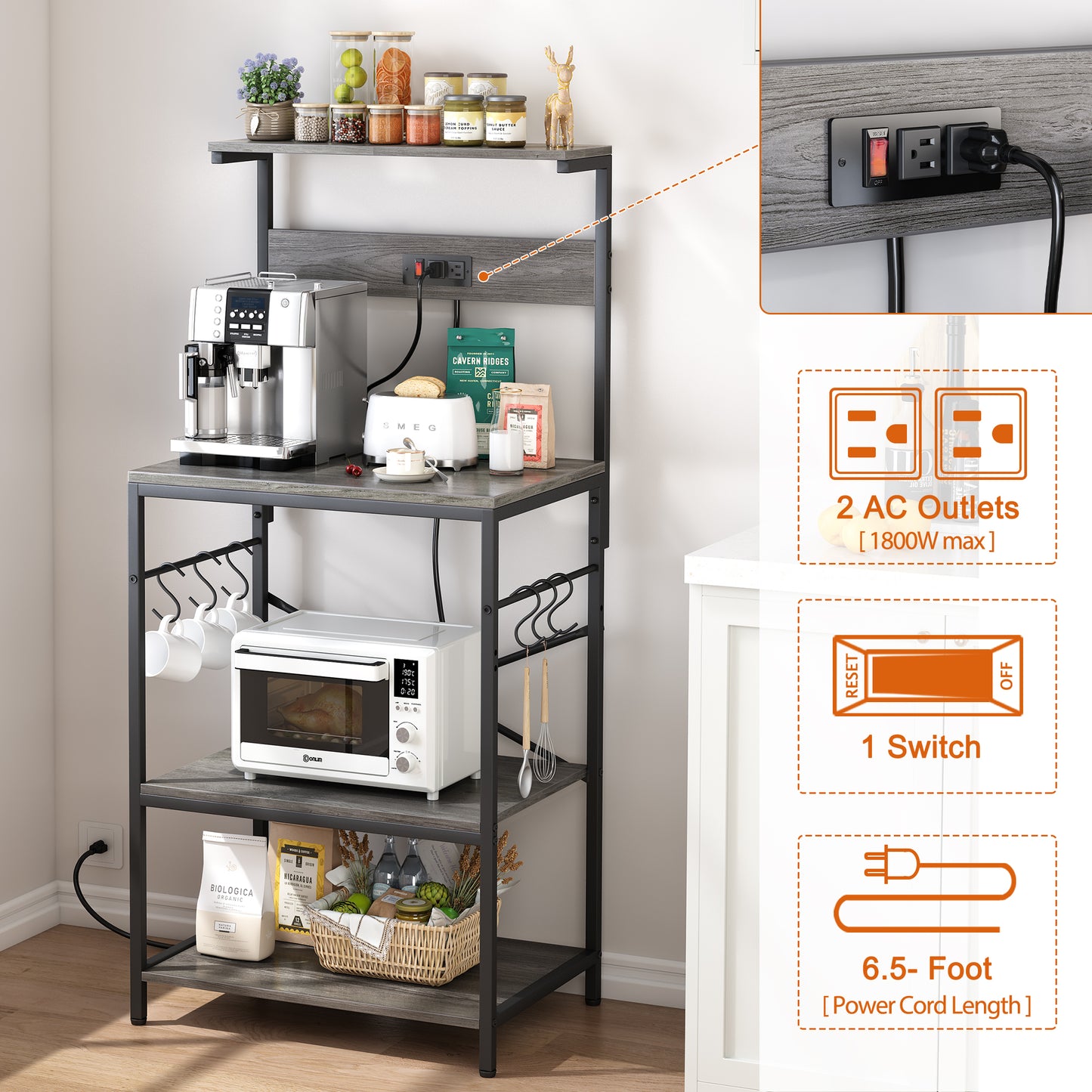 SUPERJARE Kitchen Bakers Rack with Power Outlet, Coffee Bar Table 4 Tiers, Kitchen Microwave Stand with 6 S-Shaped Hooks, Kitchen Storage Shelf Rack for Spices, Pots and Pans - Charcoal Gray