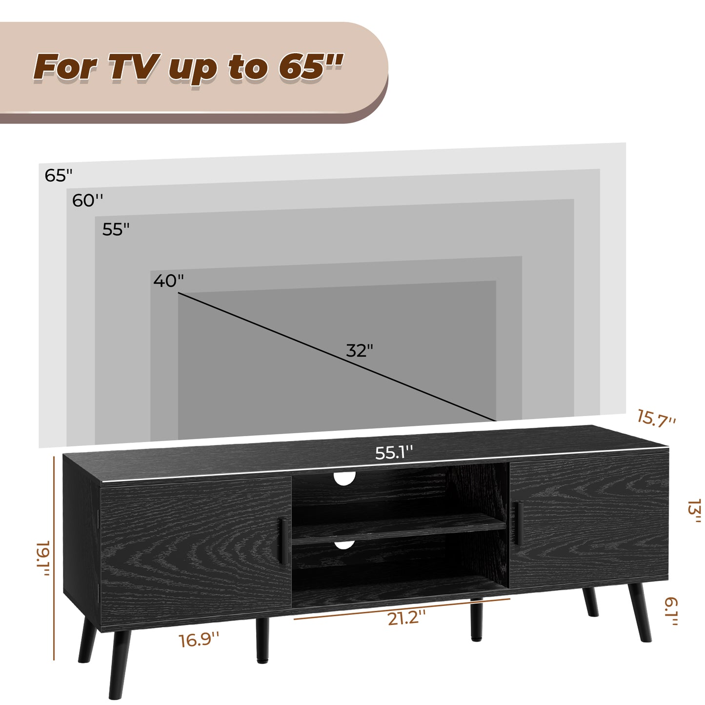 SUPERJARE TV Stand for 55 Inch TV, Entertainment Center with Adjustable Shelf, 2 Cabinets, TV Console Table, Media Console, Solid Wood Feet, Cord Holes, Black