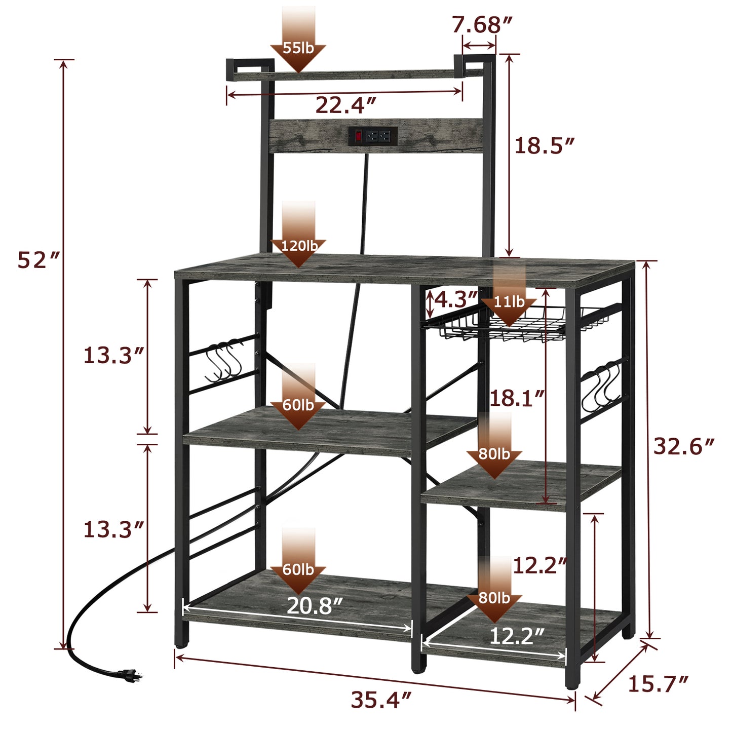 SUPERJARE Bakers Rack with Power Outlet, Microwave Stand, Coffee Bar with Wire Basket, Kitchen Storage Rack with 6 S-Hooks, Charcoal Gray