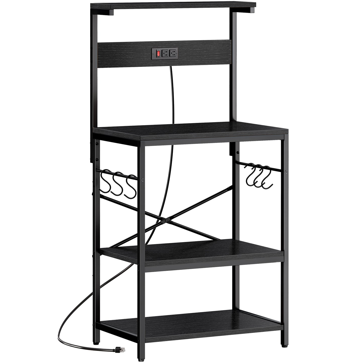SUPERJARE Kitchen Bakers Rack with Power Outlet, Coffee Bar Table 4 Tiers, Kitchen Microwave Stand with 6 S-shaped Hooks, Kitchen Storage Shelf Rack for Spices, Pots and Pans - Black