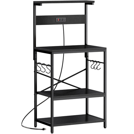 SUPERJARE Kitchen Bakers Rack with Power Outlet, Coffee Bar Table 4 Tiers, Kitchen Microwave Stand with 6 S-shaped Hooks, Kitchen Storage Shelf Rack for Spices, Pots and Pans - Black