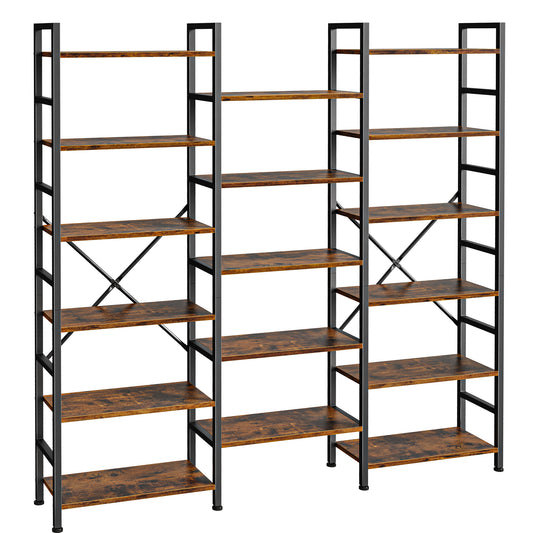 SUPERJARE Triple 6 Tier Bookshelf, Bookcase with 17 Open Display Shelves, Wide Book Shelf Book Case for Home & Office, Rustic Brown