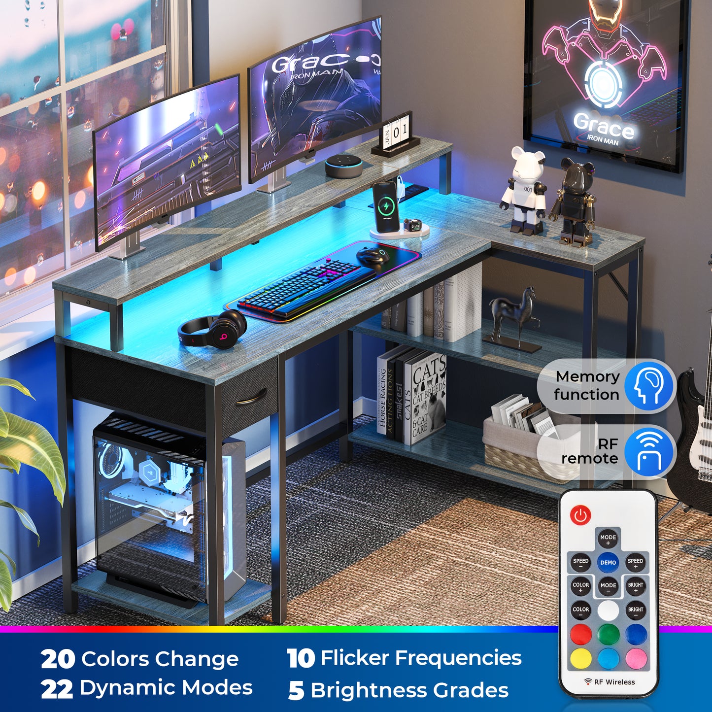 SUPERJARE 53 Inch L Shaped Desk with LED Lights & Power Outlets, Reversible Computer Desk with Shelves & Drawer, Corner Desk Home Office Desk, Grey