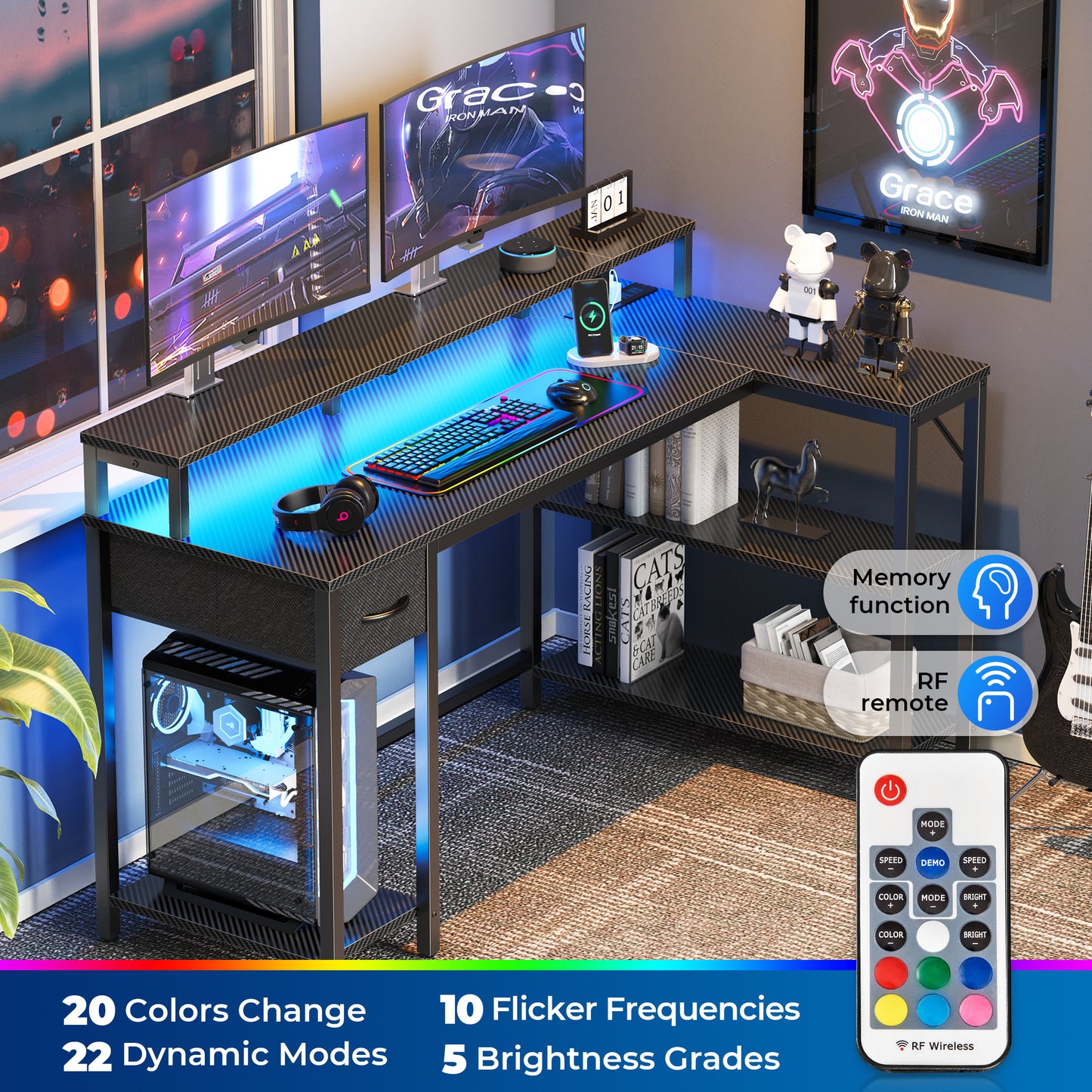 SUPERJARE 53 Inch L Shaped Desk with LED Lights & Power Outlets, Reversible Computer Desk with Shelves & Drawer, Corner Desk Home Office Desk, Carbon Fiber Black