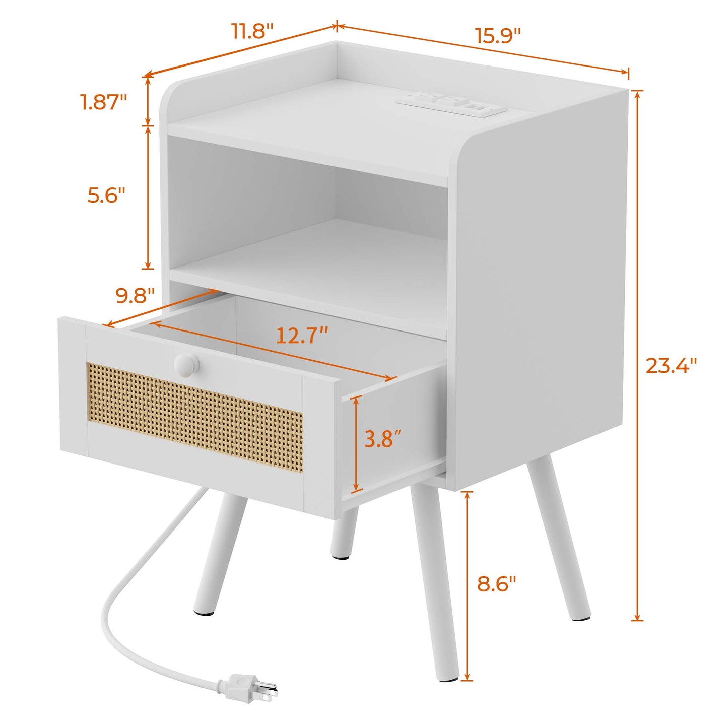 SUPERJARE Nightstands with Charging Station, Bedside Table Set of 2 with PE Rattan Drawers, Rattan Side Table with Storage & Solid Wood Feet, White