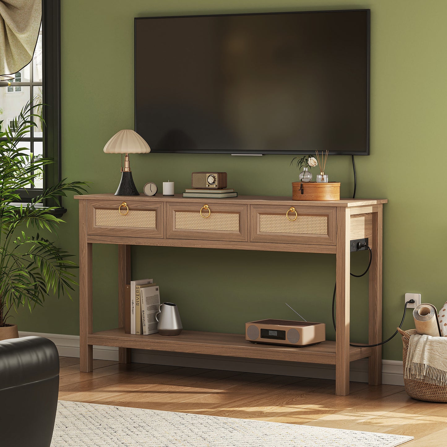 SUPERJARE Rattan Console Sofa Table with Outlets and USB-C Port, 3 Drawer Entryway Table with Synthetic Rattan Surface, Open Shelf, Behind Couch Entry Foyer Hallway Storage, Brown