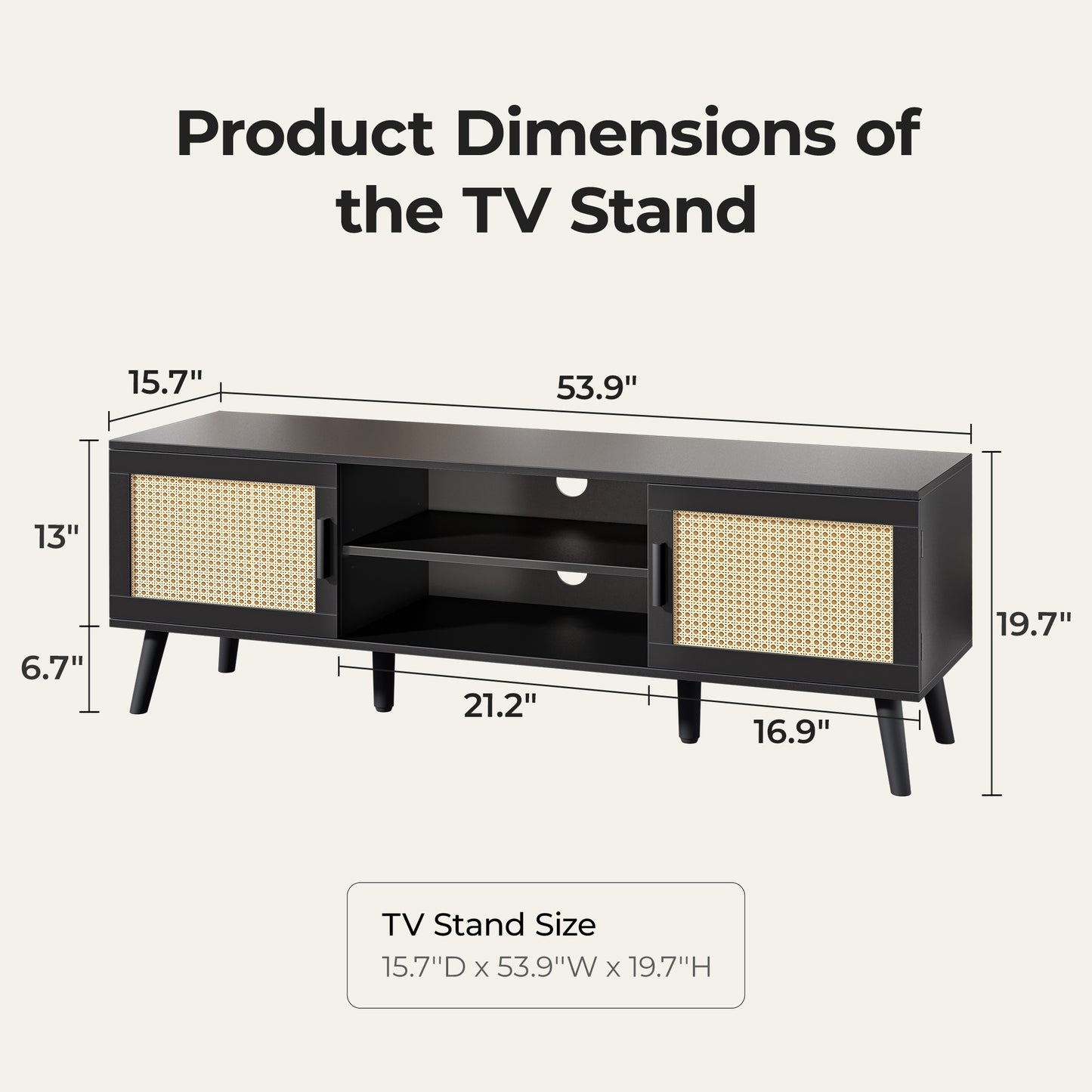 SUPERJARE 55 Inch TV Stand, Entertainment Center with Adjustable Shelf, Rattan TV Console with 2 Cabinets, Media Console, Solid Wood Feet, 4 Cord Holes, for Living Room, Black