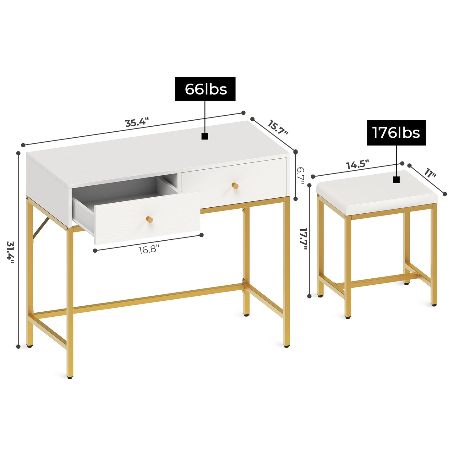 SUPERJARE 35.4" White and Gold Desk with 2 Drawers, Modern Makeup Vanity Desk with Padded Stool, Small Computer Desk Home Office Desk for Writing Study Bedroom