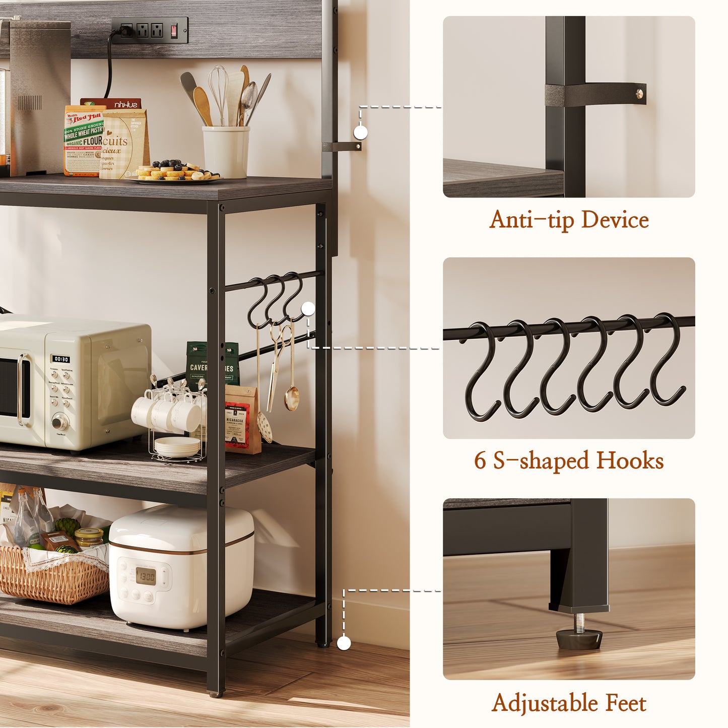 SUPERJARE Bakers Rack with Power Outlets, Microwave Stand, 31.5 X 16.5 Inch Larger Desktop, Kitchen Storage Rack with Adjustable Middle Shelf, 6 S-Shaped Hooks, Coffee Bar Stand, Grey