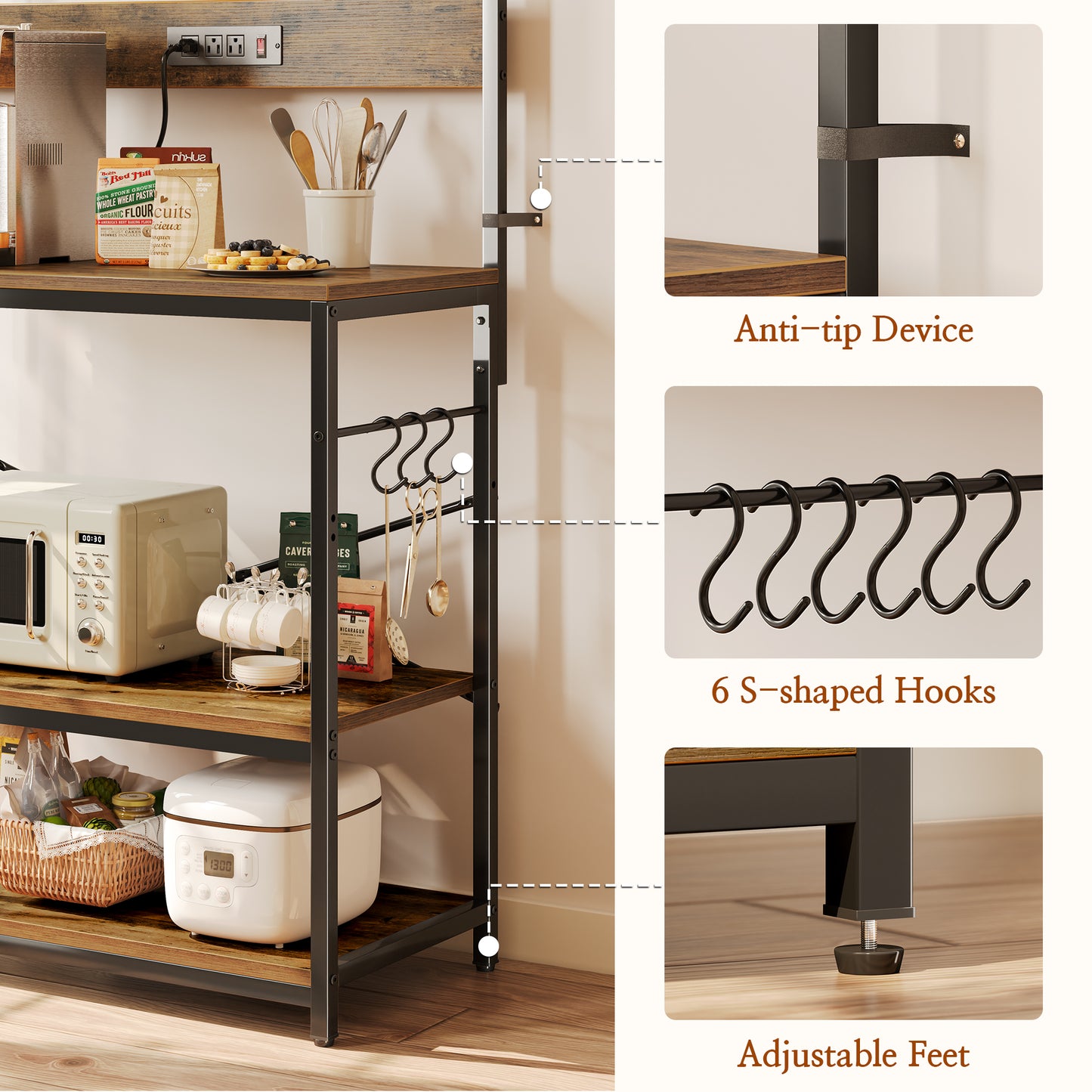 SUPERJARE Bakers Rack with Power Outlets, Microwave Stand, 31.5 X 16.5 Inch Larger Desktop, Kitchen Storage Rack with Adjustable Middle Shelf, 6 S-Shaped Hooks, Coffee Bar Stand, Rustic Brown