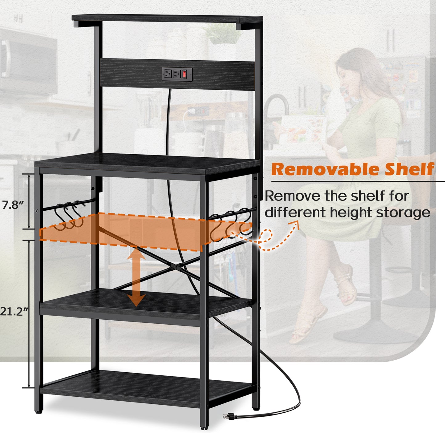 SUPERJARE Kitchen Bakers Rack with Power Outlet, Coffee Bar Table 4 Tiers, Kitchen Microwave Stand with 6 S-shaped Hooks, Kitchen Storage Shelf Rack for Spices, Pots and Pans - Black