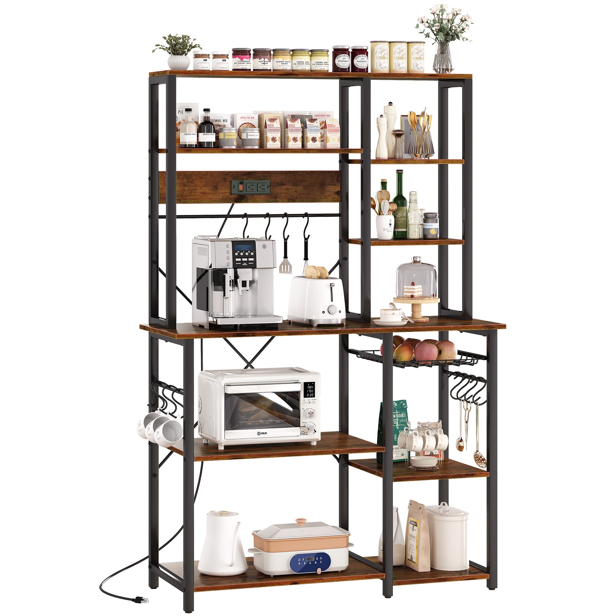 SUPERJARE Bakers Rack with Power Outlets, 65H Coffee Bar, 5-Tier Microwave  Stand with Storage, Coffee Station, Kitchen Rack with 6 S-Hooks, Kitchen