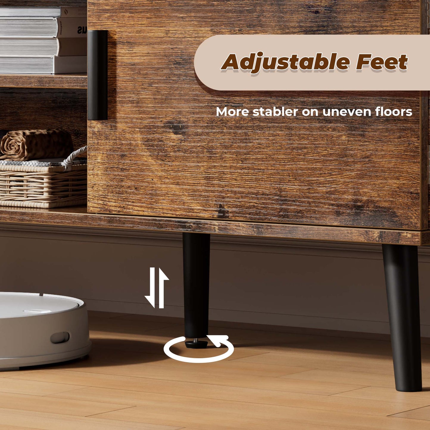 SUPERJARE TV Stand for 55 Inch TV, Entertainment Center with Adjustable Shelf, 2 Cabinets, TV Console Table, Media Console, Solid Wood Feet, Cord Holes, Rustic Brown