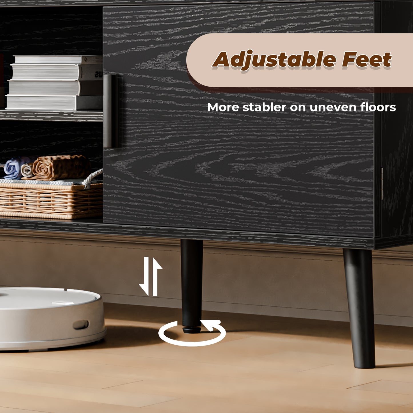 SUPERJARE TV Stand for 55 Inch TV, Entertainment Center with Adjustable Shelf, 2 Cabinets, TV Console Table, Media Console, Solid Wood Feet, Cord Holes, Black