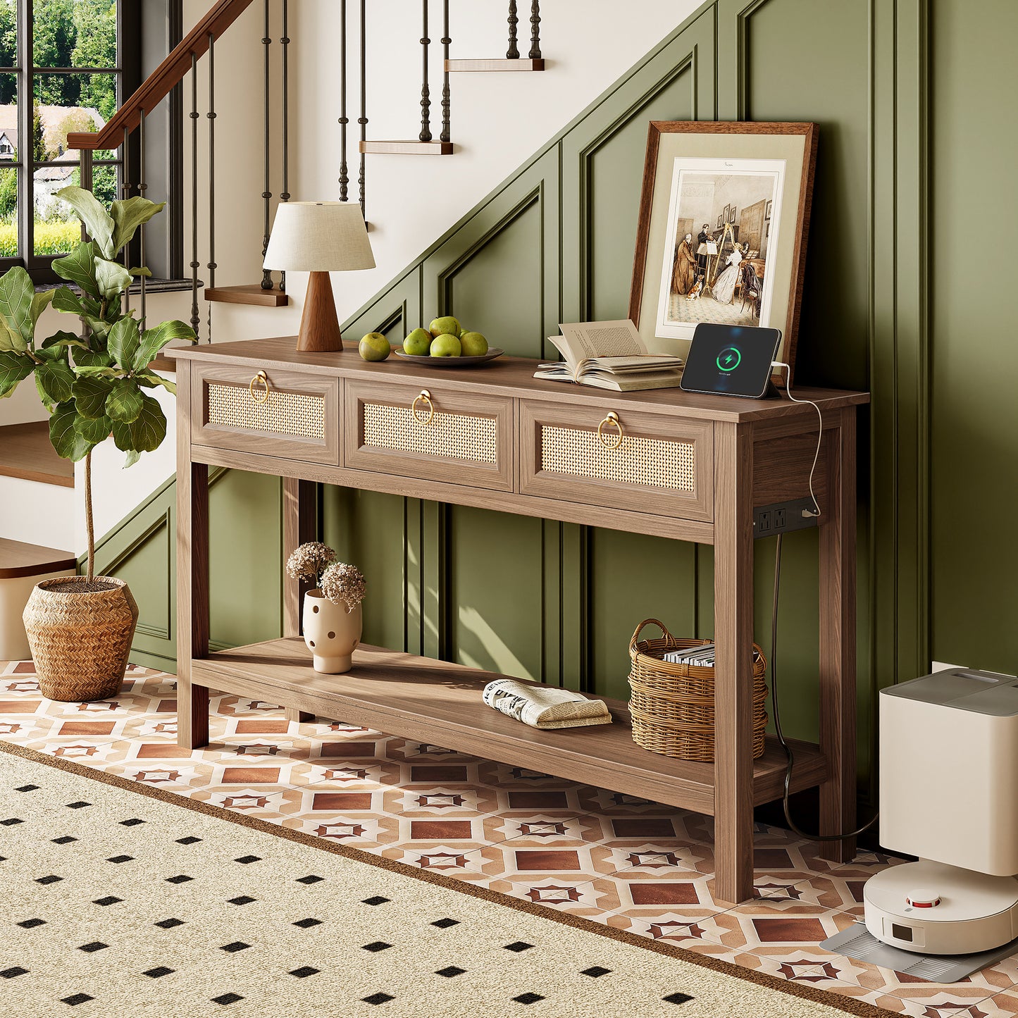 SUPERJARE Rattan Console Sofa Table with Outlets and USB-C Port, 3 Drawer Entryway Table with Synthetic Rattan Surface, Open Shelf, Behind Couch Entry Foyer Hallway Storage, Brown