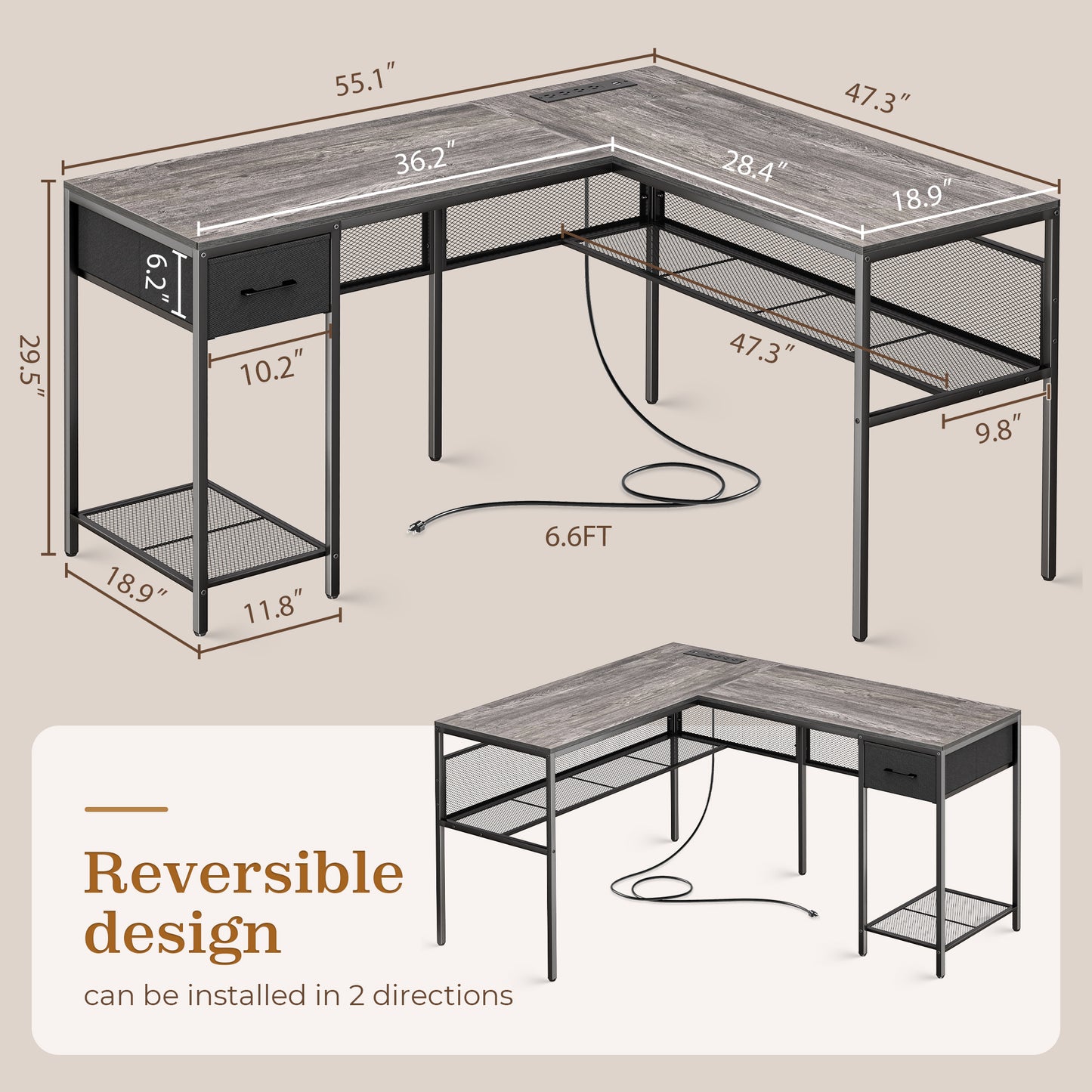 SUPERJARE L Shaped Desk with Power Outlets, Computer Desk with Drawer, Reversible Corner Desk with Grid Storage Bookshelf, Home Office Desk, Gray