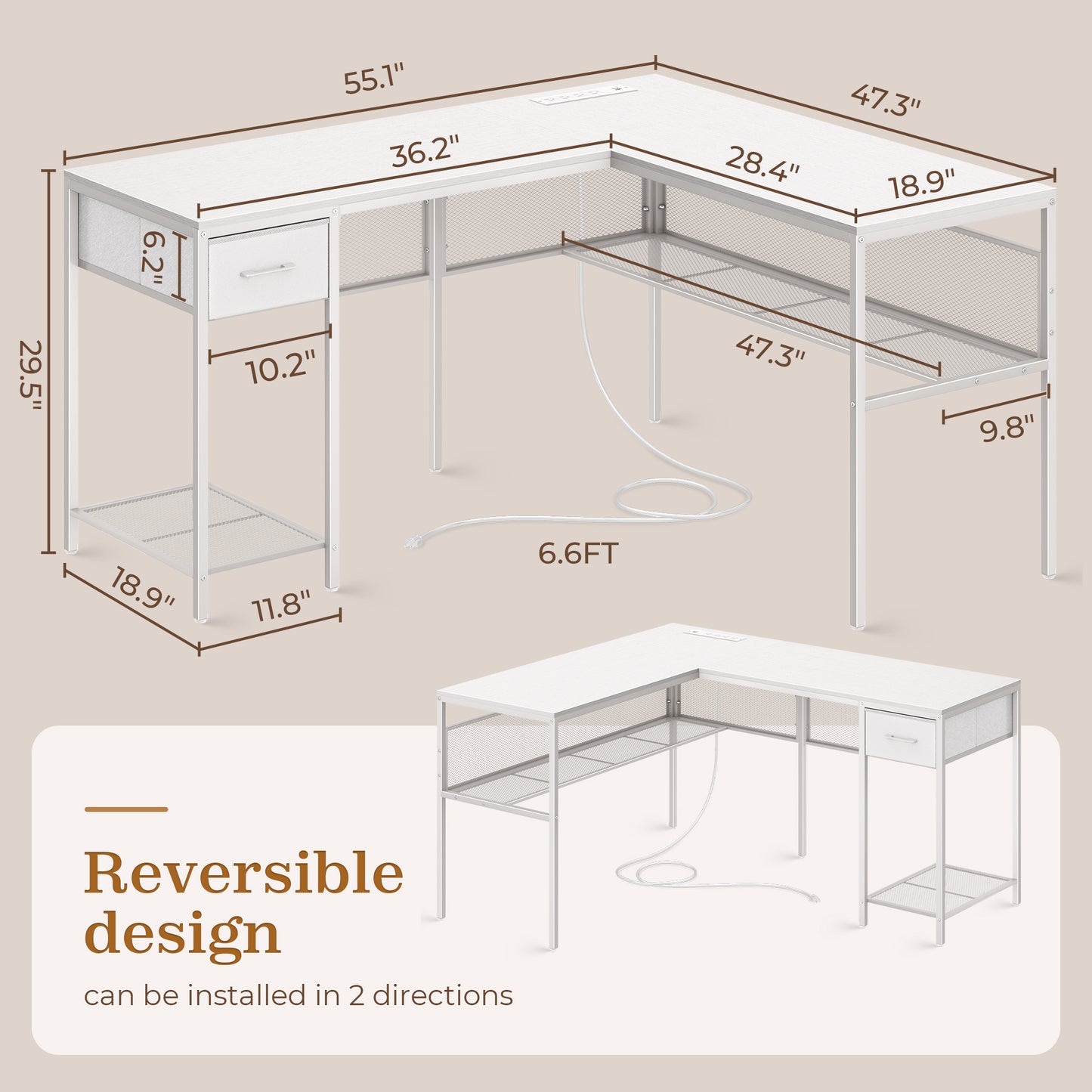 SUPERJARE L Shaped Desk with Power Outlets, Computer Desk with Drawer, Reversible Corner Desk with Grid Storage Bookshelf, Home Office Desk, White