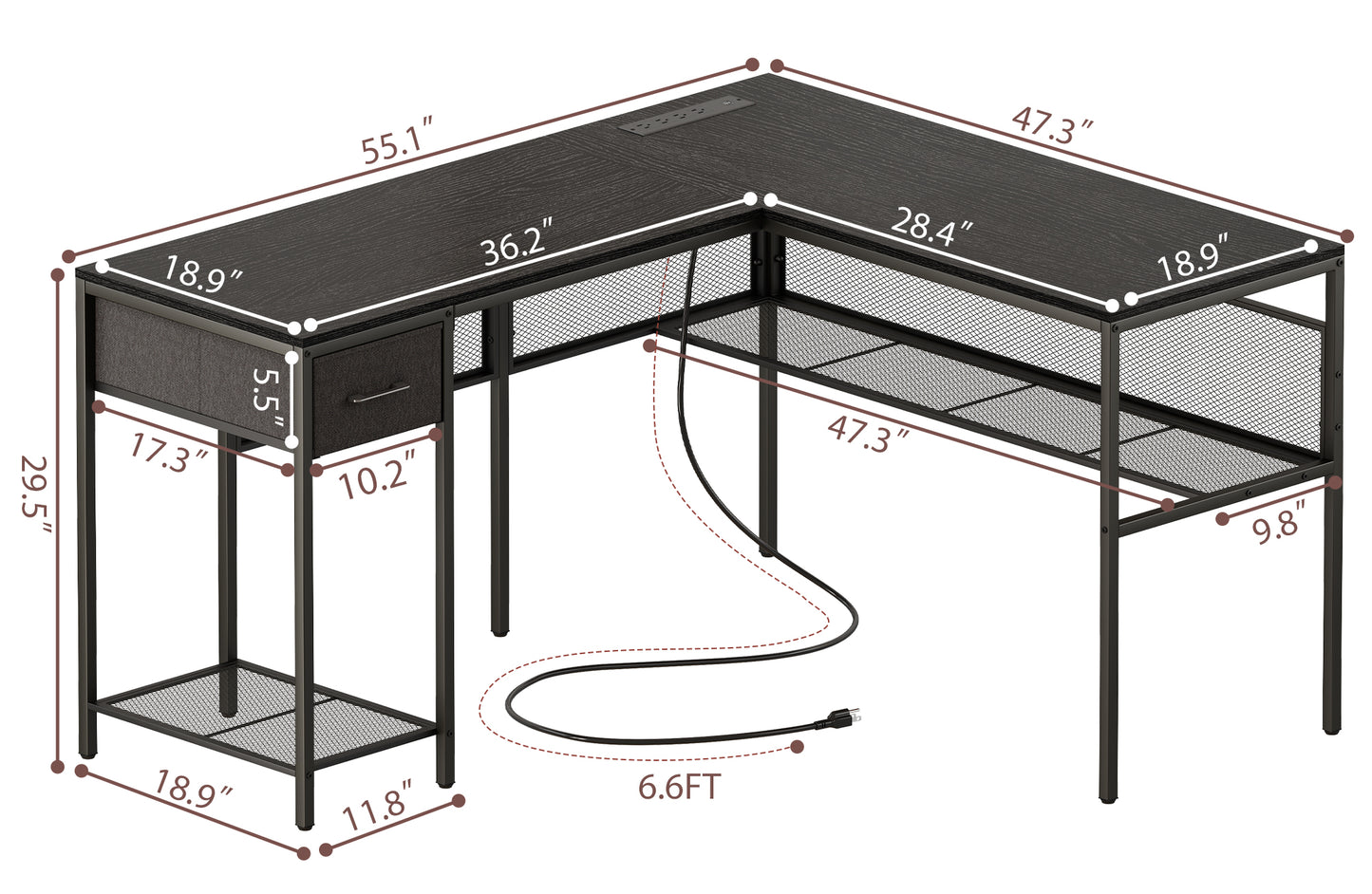 SUPERJARE L Shaped Desk with Power Outlets, Computer Desk with Drawer, Reversible Corner Desk with Grid Storage Bookshelf, Home Office Desk, Black