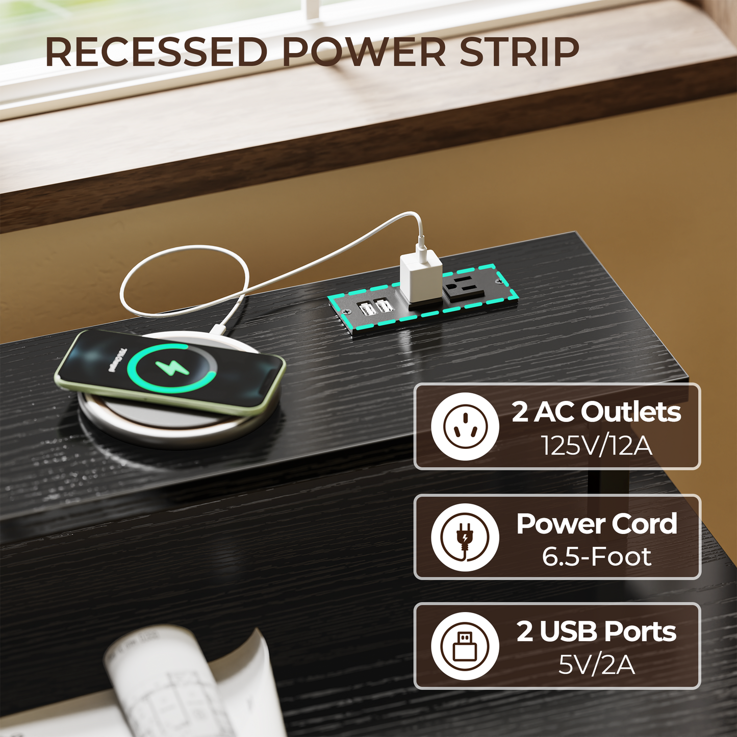 SUPERJARE 55 inch Computer Desk with LED Lights & Power Outlets, Gaming Desk with Monitor Shelf, Small Office Desk for Home & Office, Black