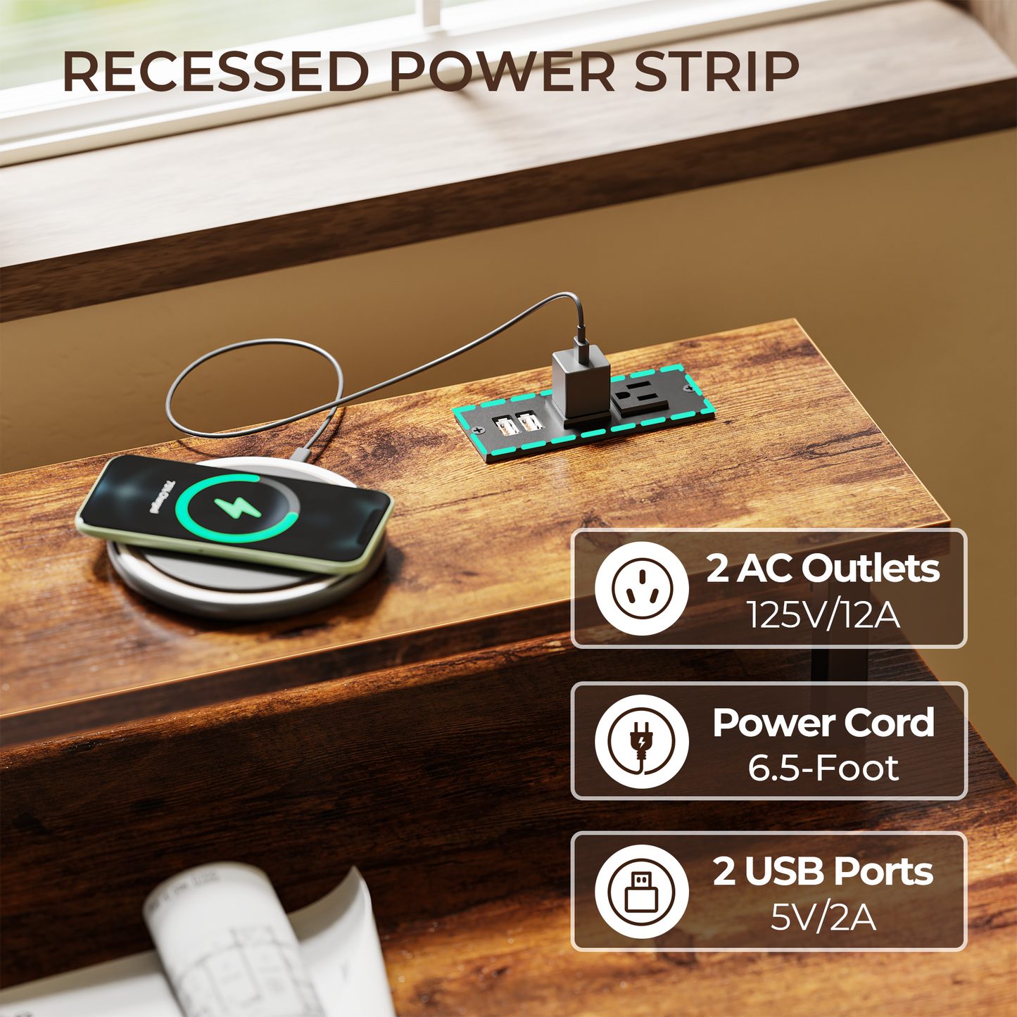 SUPERJARE 55 inch Computer Desk with LED Lights & Power Outlets, Gaming Desk with Monitor Shelf, Small Office Desk for Home & Office, Rustic Brown