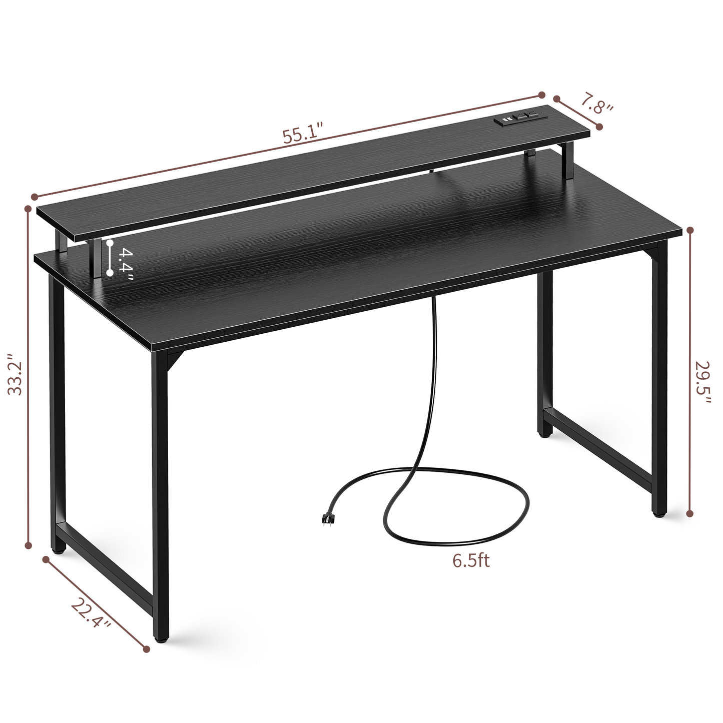 SUPERJARE 55 inch Computer Desk with LED Lights & Power Outlets, Gaming Desk with Monitor Shelf, Small Office Desk for Home & Office, Black