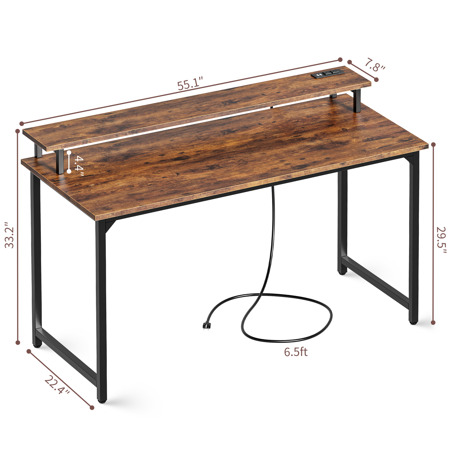 SUPERJARE 55 inch Computer Desk with LED Lights & Power Outlets, Gaming Desk with Monitor Shelf, Small Office Desk for Home & Office, Rustic Brown