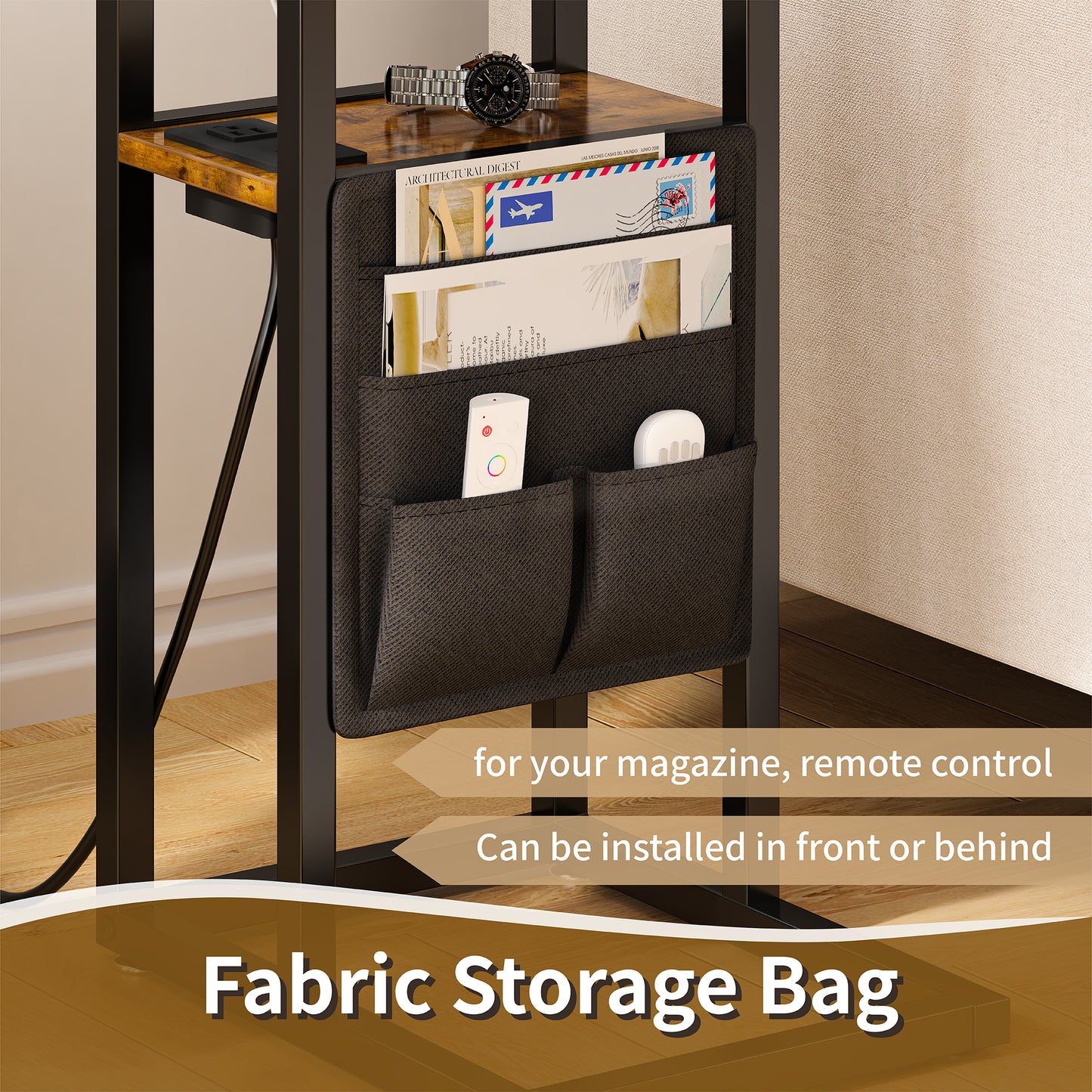 SUPERJARE C Shaped End Table with Charging Station, Side Table with Storage Bag, Couch Table, C Table with USB Port and Outlet, for Living Room, Bed Room, Rustic Brown