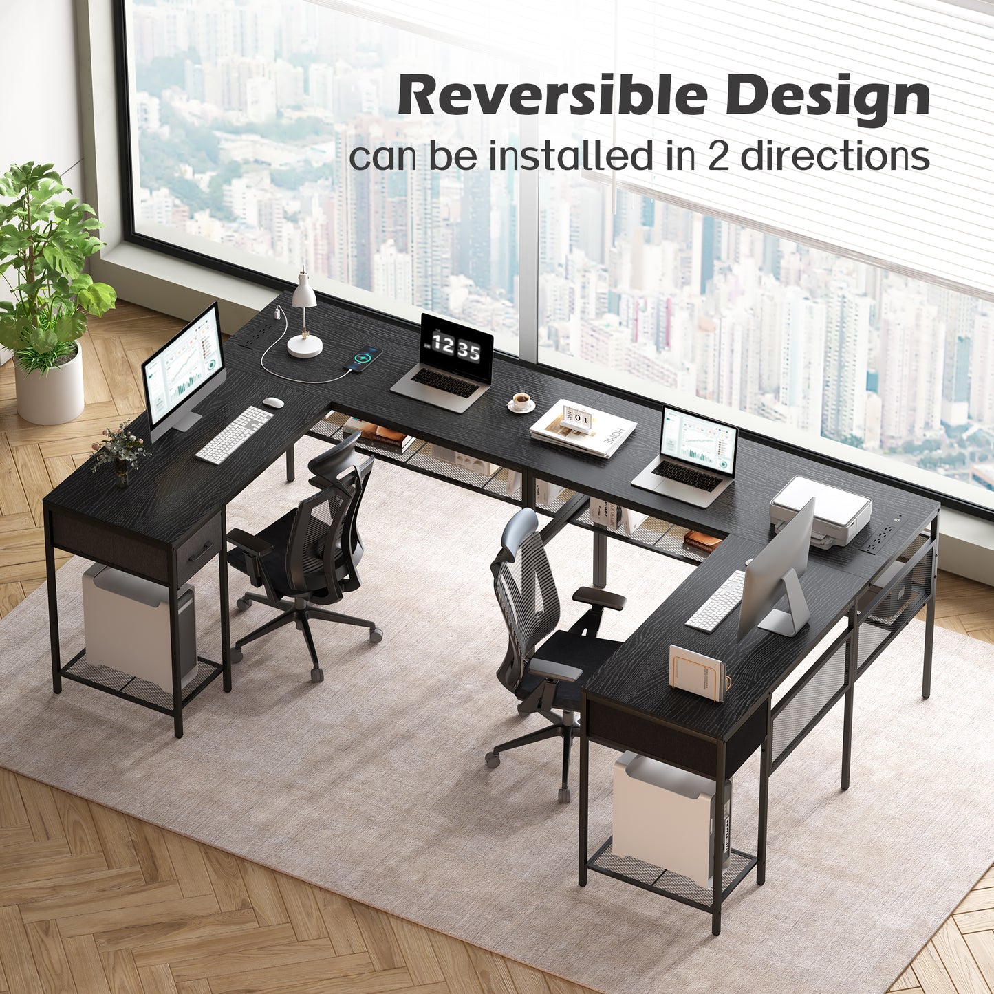 SUPERJARE L Shaped Desk with Power Outlets, Computer Desk with Drawer, Reversible Corner Desk with Grid Storage Bookshelf, Home Office Desk, Black