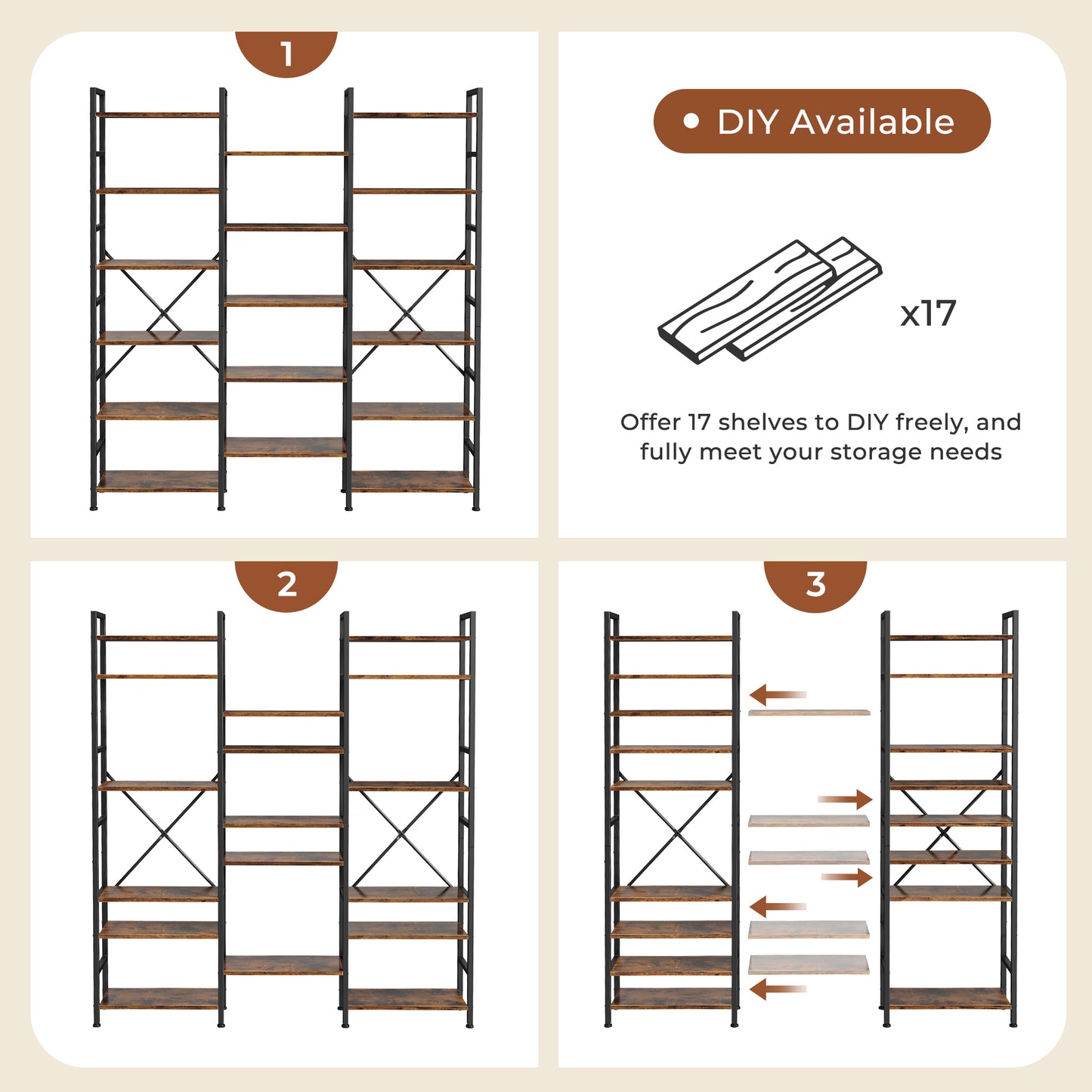 SUPERJARE Triple 6 Tier Bookshelf, Bookcase with 17 Open Display Shelves, Wide Book Shelf Book Case for Home & Office, Rustic Brown