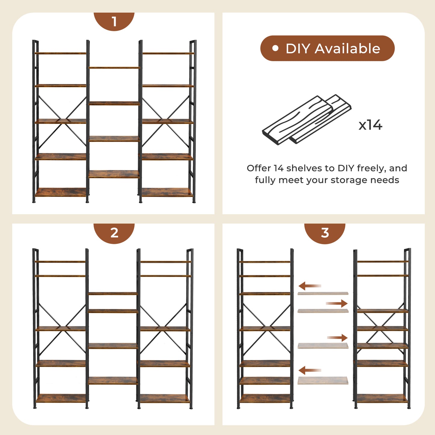 SUPERJARE Triple 5 Tier Bookshelf, Bookcase with 14 Open Display Shelves, Wide Book Shelf Book Case for Home & Office, Rustic Brown