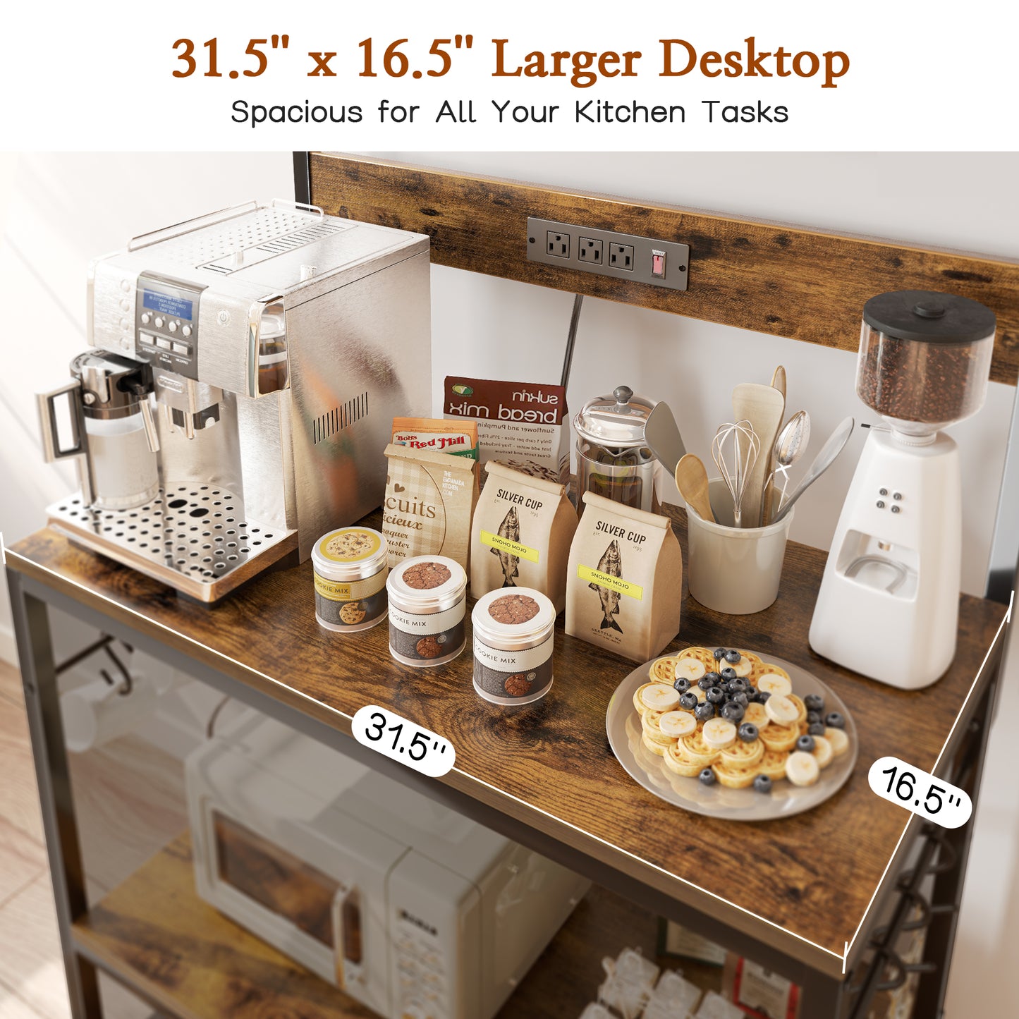 SUPERJARE Bakers Rack with Power Outlets, Microwave Stand, 31.5 X 16.5 Inch Larger Desktop, Kitchen Storage Rack with Adjustable Middle Shelf, 6 S-Shaped Hooks, Coffee Bar Stand, Rustic Brown