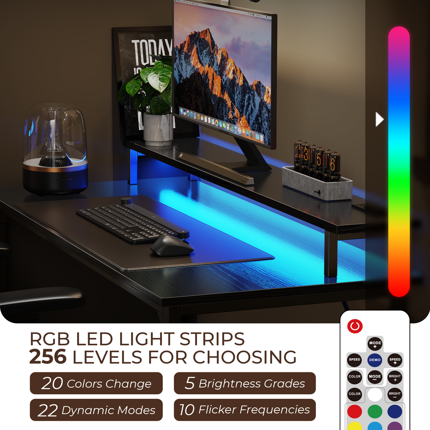 SUPERJARE 55 inch Computer Desk with LED Lights & Power Outlets, Gaming Desk with Monitor Shelf, Small Office Desk for Home & Office, Black