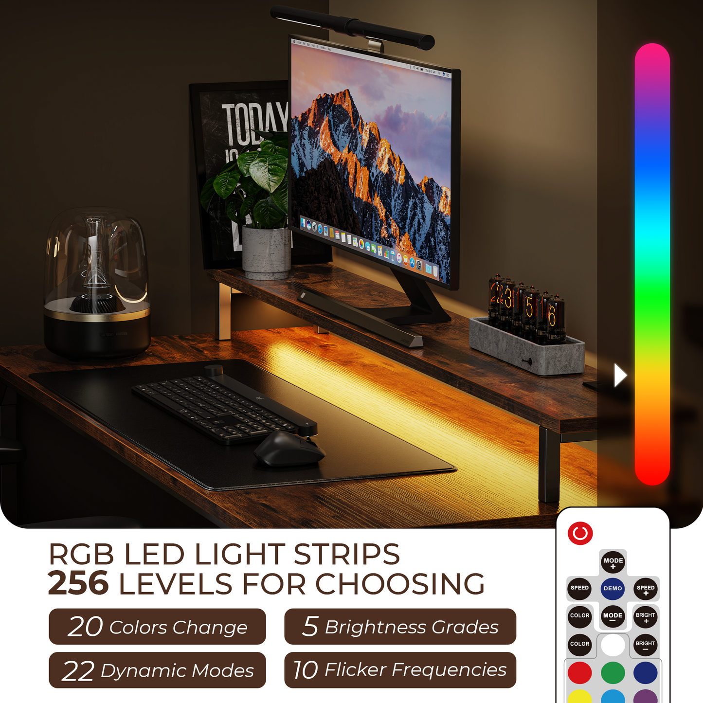 SUPERJARE 55 inch Computer Desk with LED Lights & Power Outlets, Gaming Desk with Monitor Shelf, Small Office Desk for Home & Office, Rustic Brown