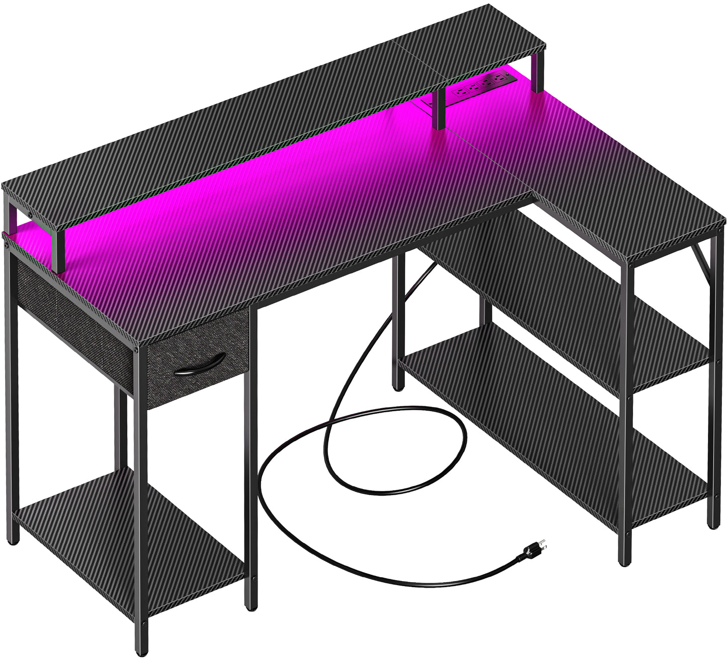 SUPERJARE L Shaped Gaming Desk with LED Lights & Power Outlets, Reversible Computer Desk with Shelves & Drawer, Corner Desk Home Office Desk, Carbon Fiber Black