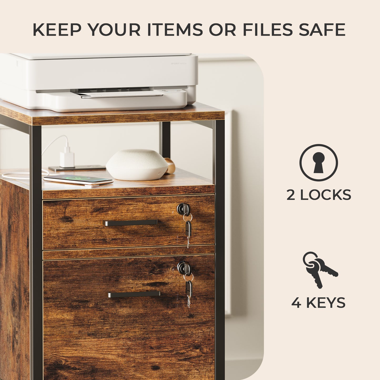 SUPERJARE File Cabinet with Lock & Charging Station, 2 Drawers Rolling Filing Cabinet, Office File Cabinet with Wheels & Open Shelf, for Home Office, A4/Letter Size Files, Rustic Brown